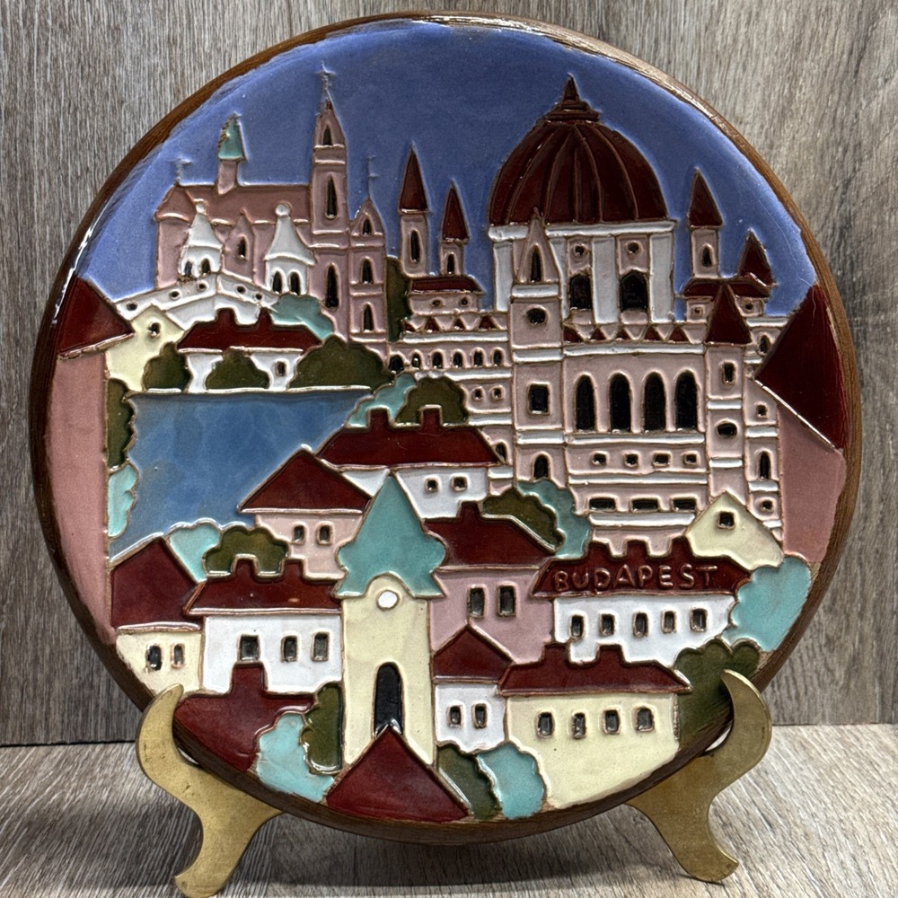 Budapest Hungary Cityscape 10" Redware Pottery Wall Plate SIGNED Hand Painted